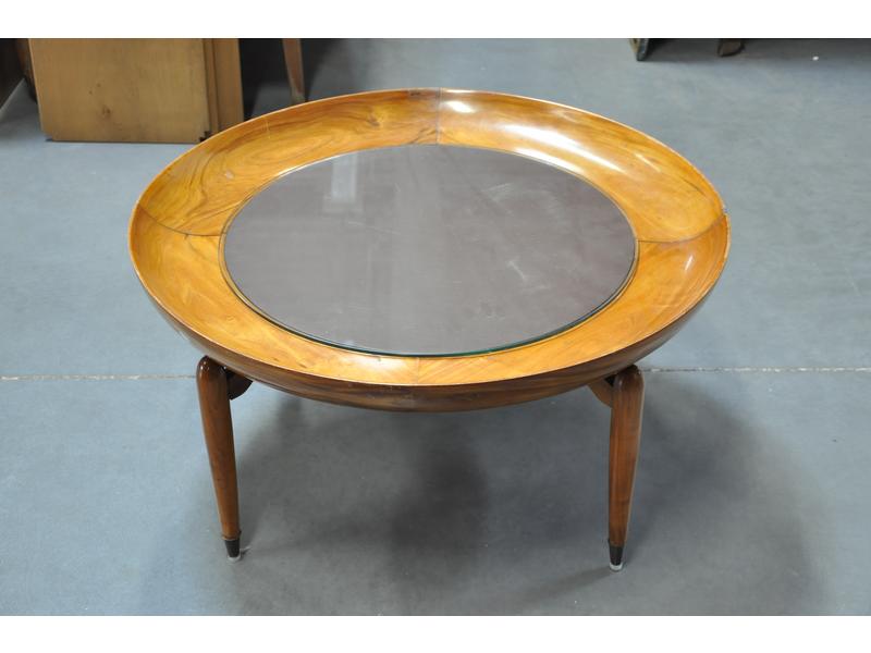 Table basse circulaire en bois fruitier naturel.  Plateau-cuvett