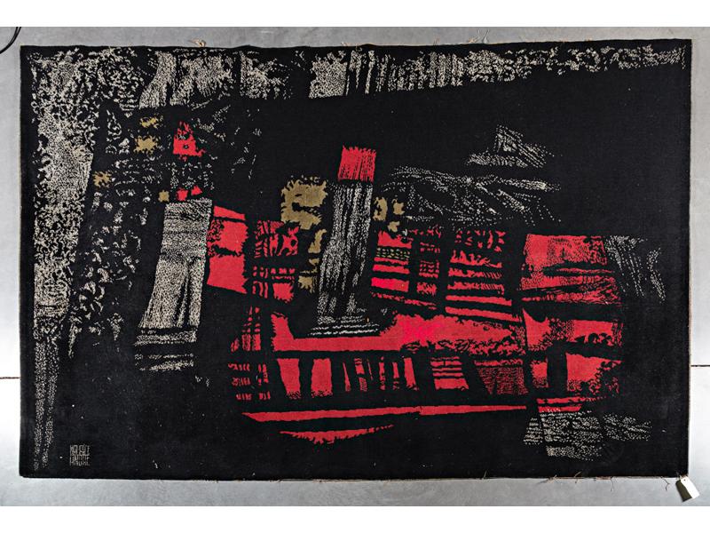 Maurice ANDRÉ (1914-1985) : Tapis en laine à décor abstrait roug