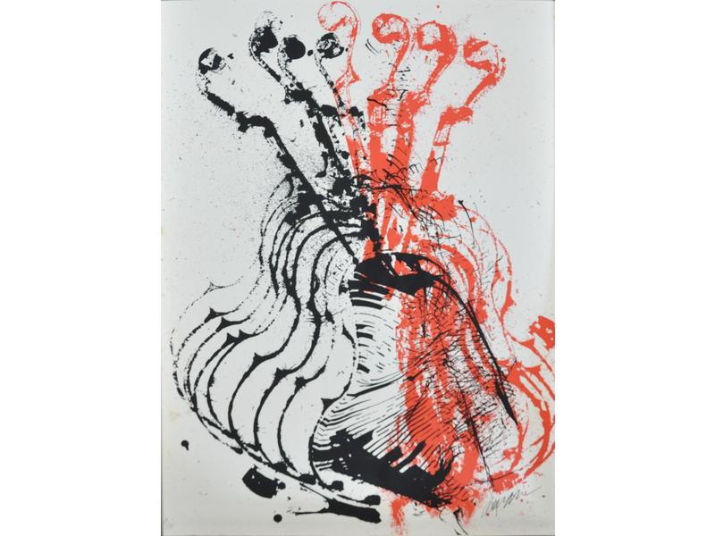 ARMAN (1928-2005) : Les violons.  Lithographie couleurs sur Veli