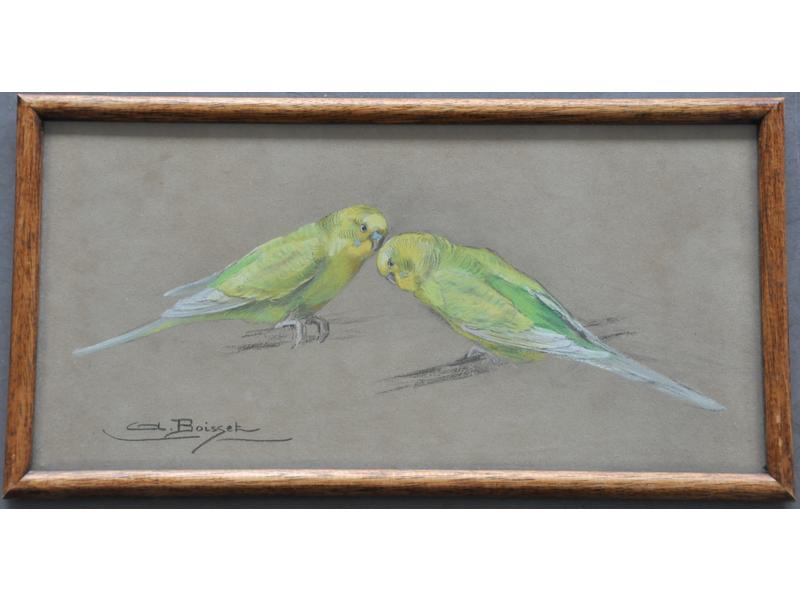 A. BOISSET (XXe siècle) : Couple de perruches.  Pastel signé en
