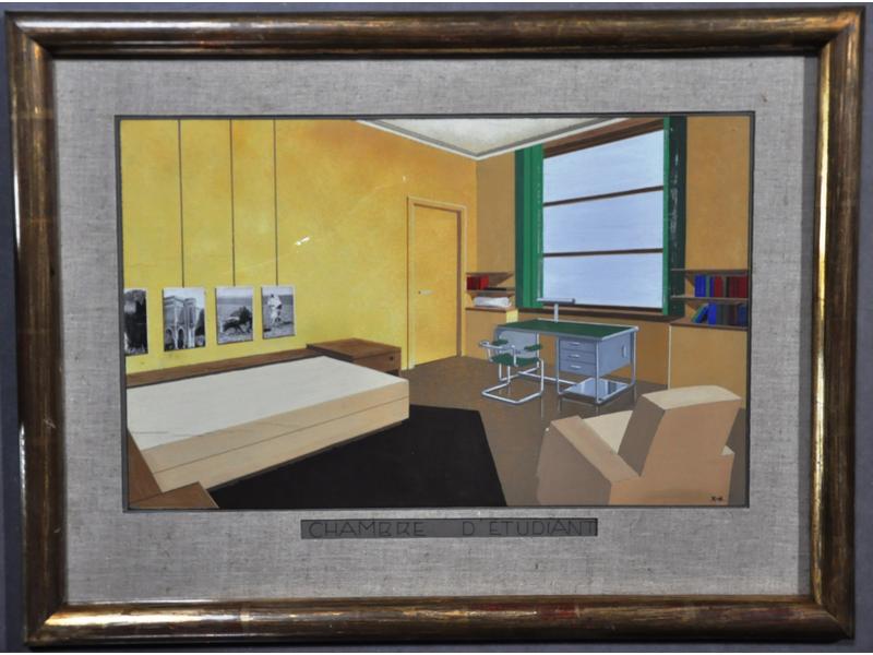 René HERBST (1891-1982) : Projet de chambre d'étudiant.  Dessin