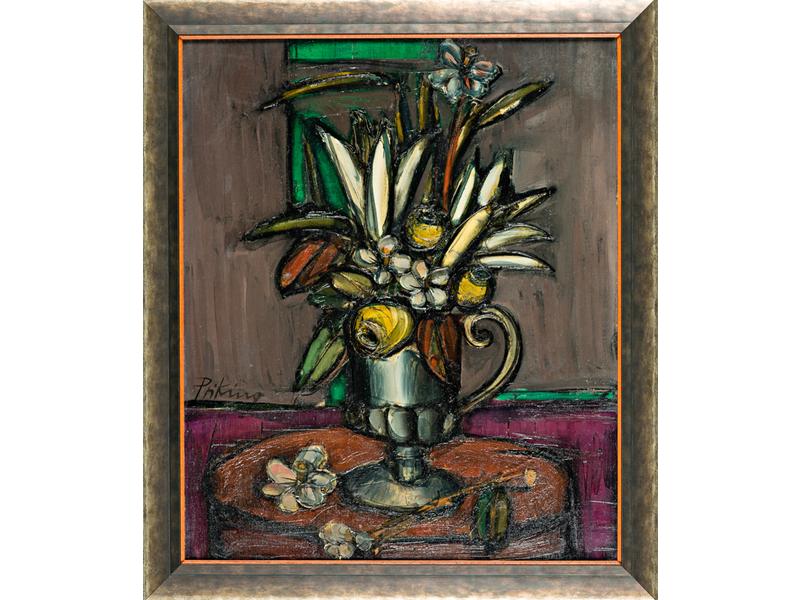 Franz PRIKING (1929-1979) : Bouquet de fleurs.  Huile sur toile
