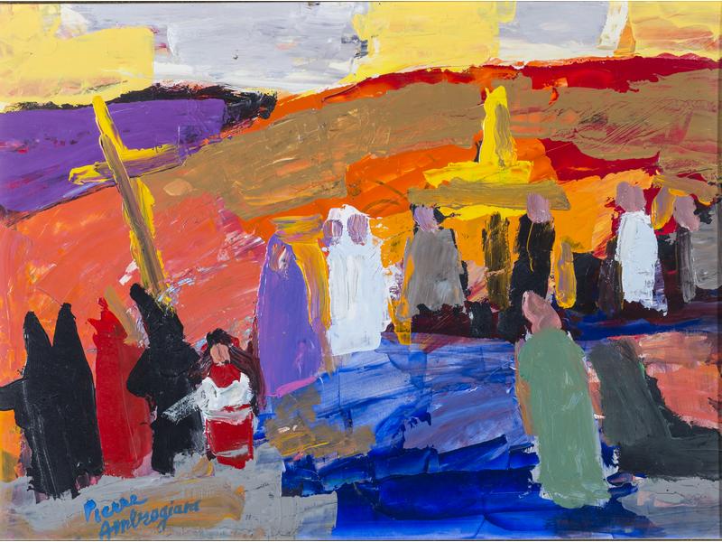 Pierre AMBROGIANI (1907-1985): La procession.  Huile sur carton