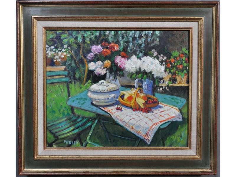 Alfred PERSIA  : Les deux bouquets de fleurs.  Huile sur toile s
