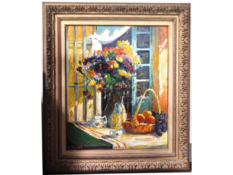 Alfred PERSIA : Bouquet de fleurs et nature morte aux fruits.  H