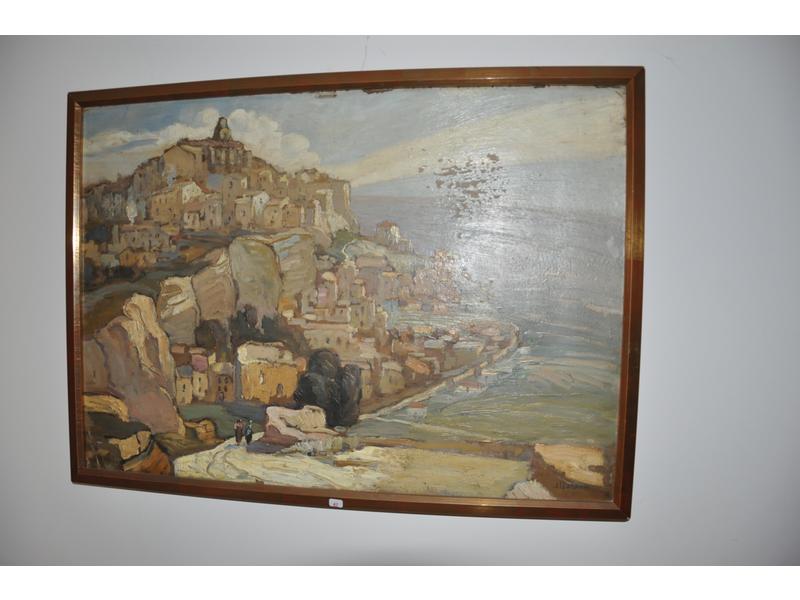 Joseph HURARD: Vue de Gordes. Huile sur panneau signée en bas à droite. Dim: 52x73 cm (soulèvement et manques)