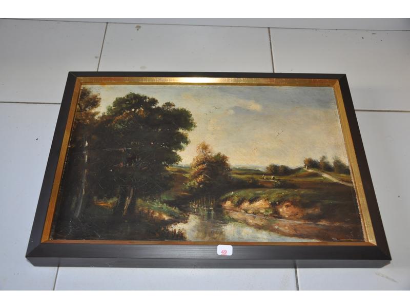 Ecole française XIX°: Paysage à la rivière animé. Huile sur toile - Dim: 26.5x41 cm (petits manques et accidents)