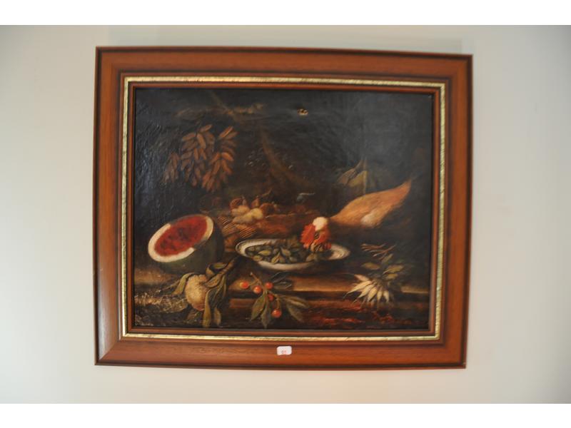 G. de BEAULIEU: Paire de nature morte aux oiseaux et aux fruits. Huiles sur toile, l'une signée en bas à droite et datée 1843 et l'autre signée en bas à gauche et datée 1848. Dim: 39.5x31.5 cm (accidents et déchirures)