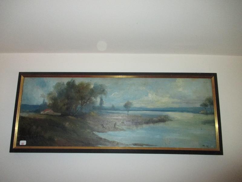 Ecole française début XX°: Paysage à la rivière animé. Huile sur panneau. Dim: 21x58 cm