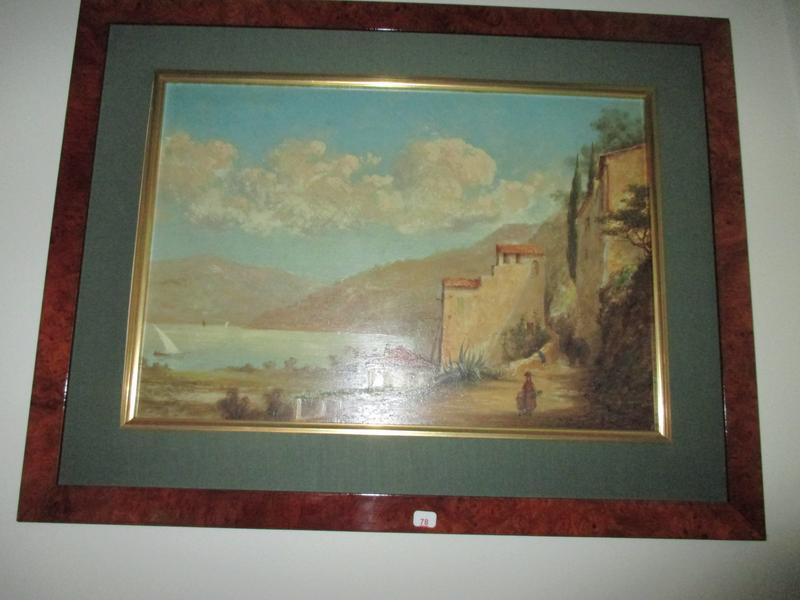 Ecole française du Midi: Paysage au lac animé. Huile sur panneau. Dim: 31x44 cm