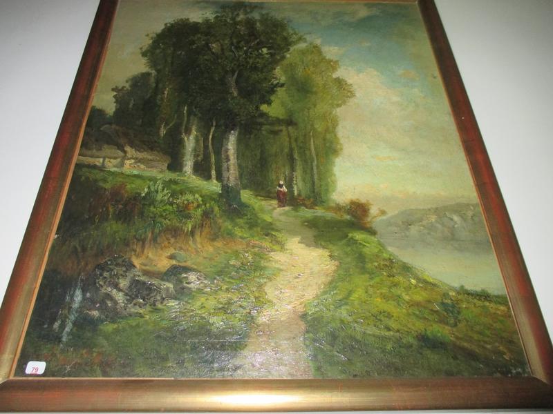 Ecole française fin XIX°: Sentier animé. huile sur toile. Dim: 63x52 cm