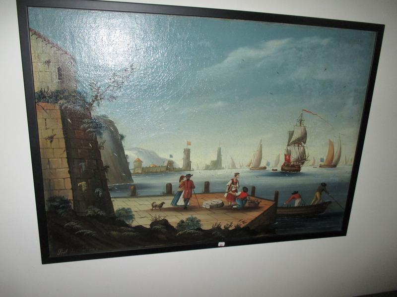 Ecole française XIX°: Le Port de Salerne. Huile sur toile. Dim: 59x83 cm
