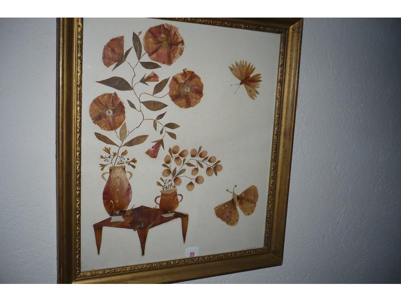 Collage - Nil au bouquet de fleurs - Dim. 30x26 cm , On joint un petit miroir fin XIX° siècle.