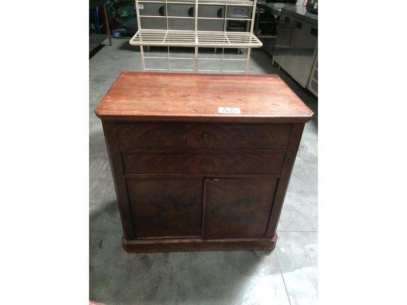 Commode coiffeuse en placage de bois à 2 tiroirs et 2 portes + Bibliothèque tournante en placage d'acajou