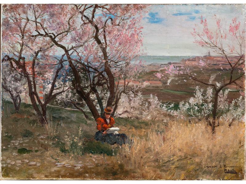 Paul SAIN (1853 - 1908) : Femme faisant un croquis, les hauteurs de Villeneuve les Avignon. Huile sur toile signée en bas à droite. Dédicacée. Sans cadre: Dim: 33x46 cm.