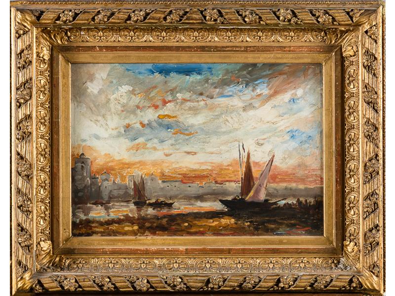Ecole Orientaliste XIXe siècle : Voiliers sur le fleuve. Huile sur panneau. Attribution au crayon sur le châssis : Zimmerman.  Dim.: 32x45.5 cm.