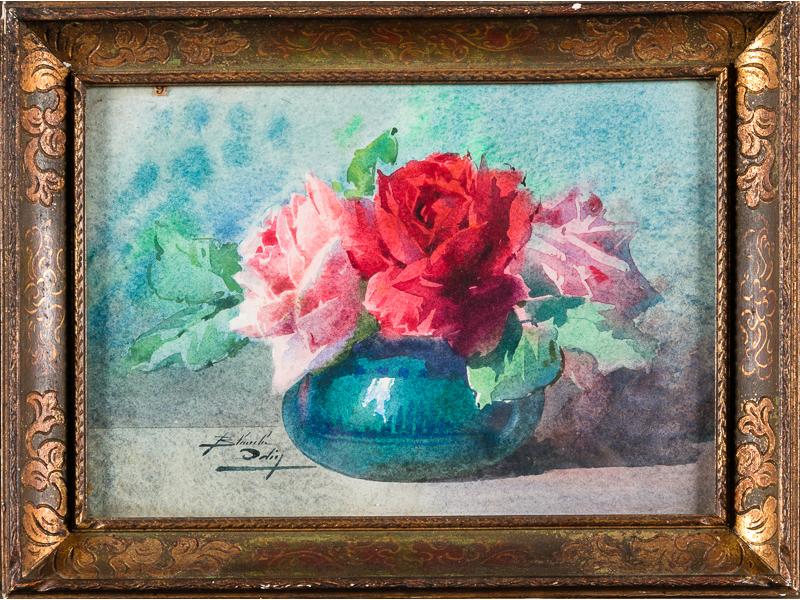Blanche ODIN (1865-1957) : Petit bouquet de roses. Aquarelle signée en bas à gauche. Dim: 20x29 cm.