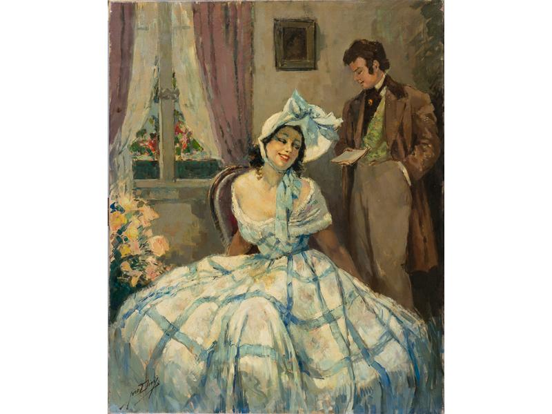 Yves DIEY (1892-1984) : Chanson de musette.  Huile sur toile signée en bas à gauche.  Dim.: 100x81 cm.