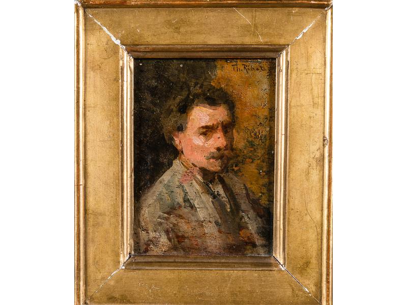 Théodule RIBOT (1823-1891) : Portrait d'homme.  Petite huile sur panneau signée en haut à droite.  Dim.: 15.5x11.5 cm.