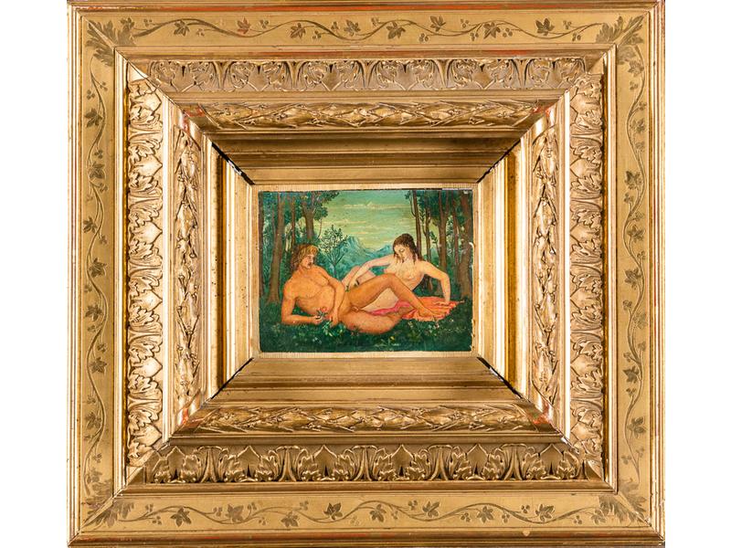 Ecole symboliste: Adam et Eve. Petite huile sur panneau dans un cadre en stuc doré. 10x13.5 cm