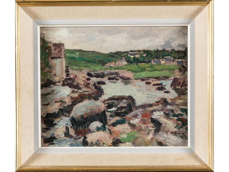 Ecole bretonne début XXe siècle : Paysage. Huile sur carton. Porte une signature illisible en bas à droite (infime saut de peinture). Dim: 18.5x23 cm.