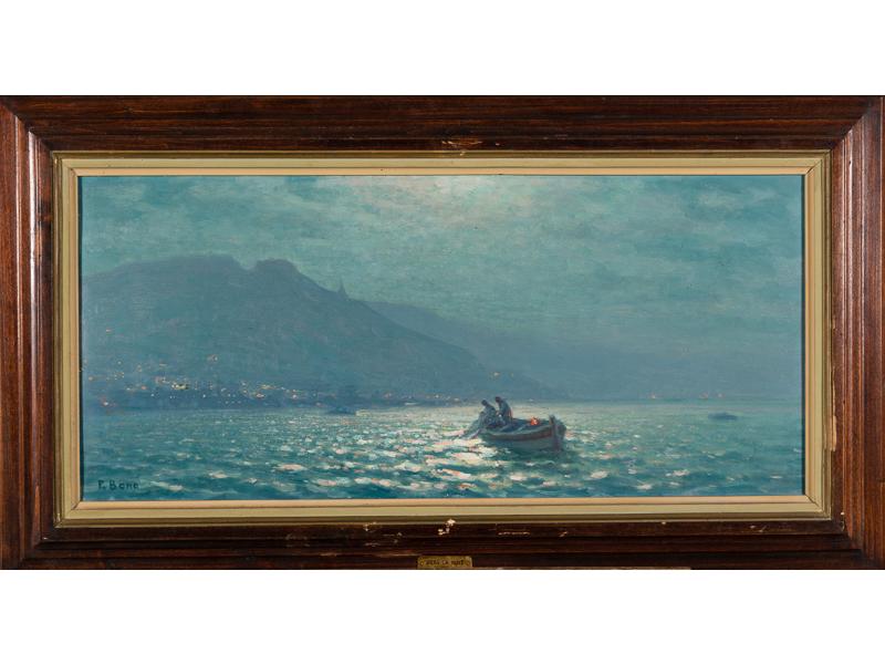 Primitif BONO (1880-1955) : Pêcheurs au clair de lune.  Huile sur panneau signée en bas à gauche.  Dim.: 42x92 cm.