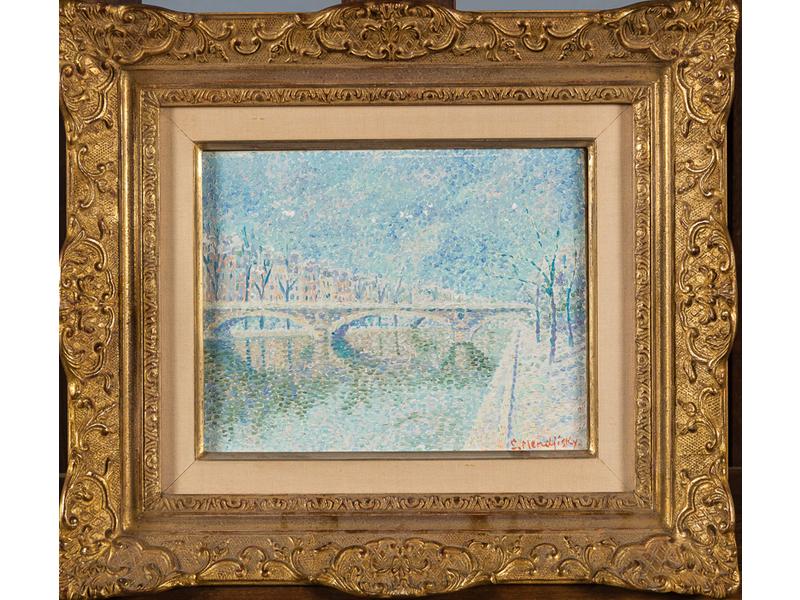 Serge MENDJISKY (1929-2017) : Pont de Paris.  Huile sur toile signée en bas à droite.  Dim.: 19x24 cm.