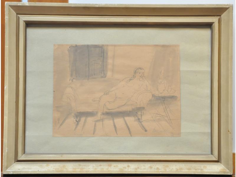 Ecole française du XXe siècle : Nue au canapé. Dessin à l'encre et lavis, signé en bas à droite et daté 38. Dim.: 23x31cm