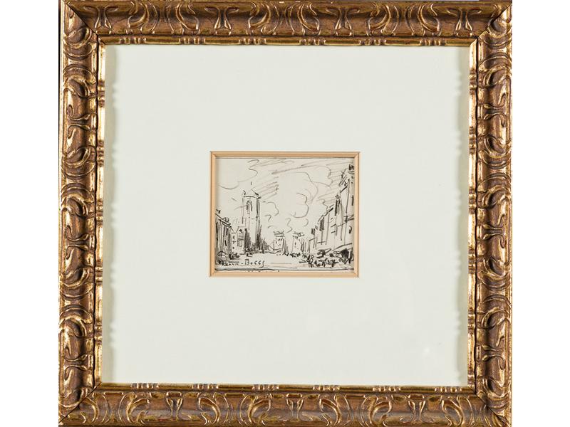 FRANK-BOGGS (1855-1926) : Marché à Pont-Audemer.  Petit dessin au fusain signé au cachet d'atelier.  Dim.: 9.5x12 cm.