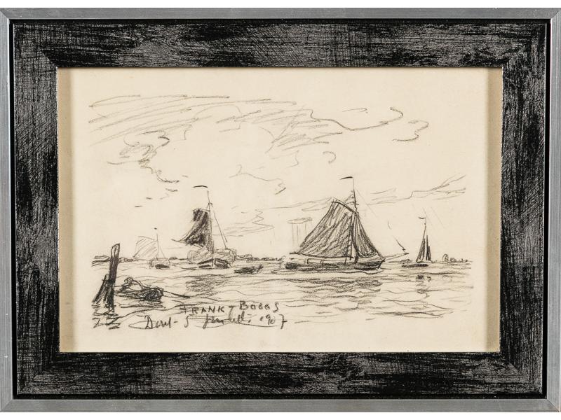 FRANK-BOGGS (1855-1926) : Marine - Mont Saint Michel.  Petit dessin à la mine de plomb, signé, situé et daté 1907.  Dim.: 16x24 cm.