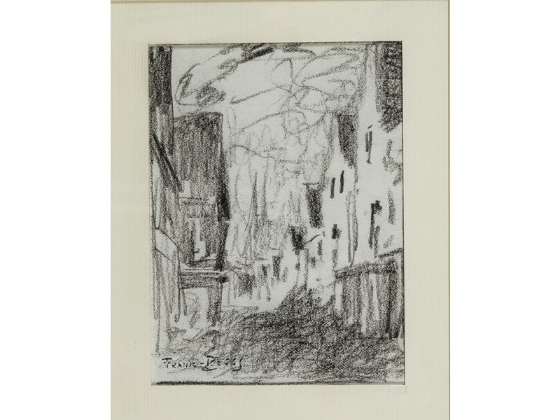 FRANK-BOGGS (1855-1926) : Abbeville jour de marché , Rue Charles Niol , Houclan jour de marché et Rouen rue des épiciers, la cathédrale.  Suite de quatre petits dessins au fusain et à la mine de plomb.  Signés au cachet d'atelier.  Dim.: 15.5x11.5 cm.