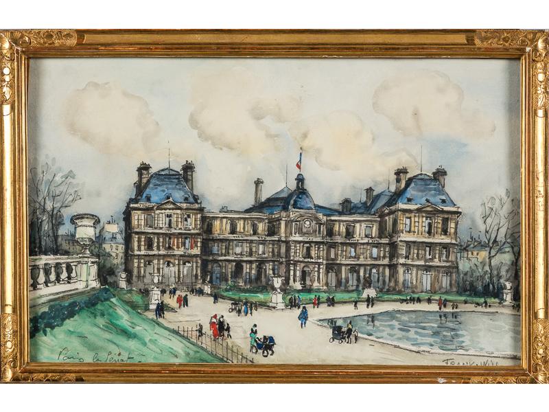 Frank WILL (1900-1951) : Paris l'Institut et Le Sénat.  Paire d'aquarelles et fusains, signées et situées. Dim.: 30x50 cm.