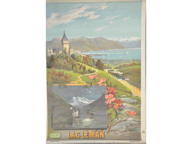 D'aprés F. HUGO d'ALESY : Affiche en couleur représentant le château de Chillon et la dent de Midi sur le lac Léman (entoilée, quelques rousseurs en bas dans la marge et deux petits trous de poinçonnage sur les côtés). Dimensions : 105x75 cm