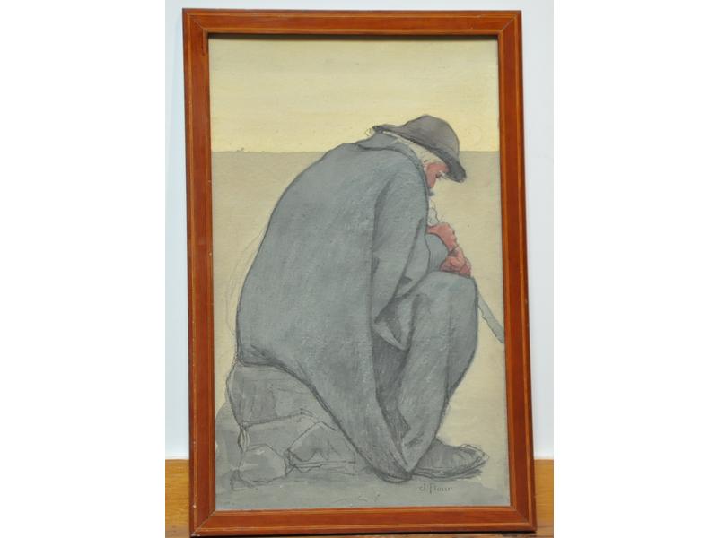 Jules FLOUR (1864-1921) : Homme assis portant une houpellande. Aquarelle et fusain. Dim.: 39x24 cm.