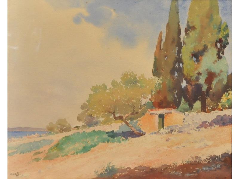 François NARDI (1861-1936) : Bord de mer en Méditerranée.  Aquarelle signée en bas à gauche.  Dim.: 32x40 cm.