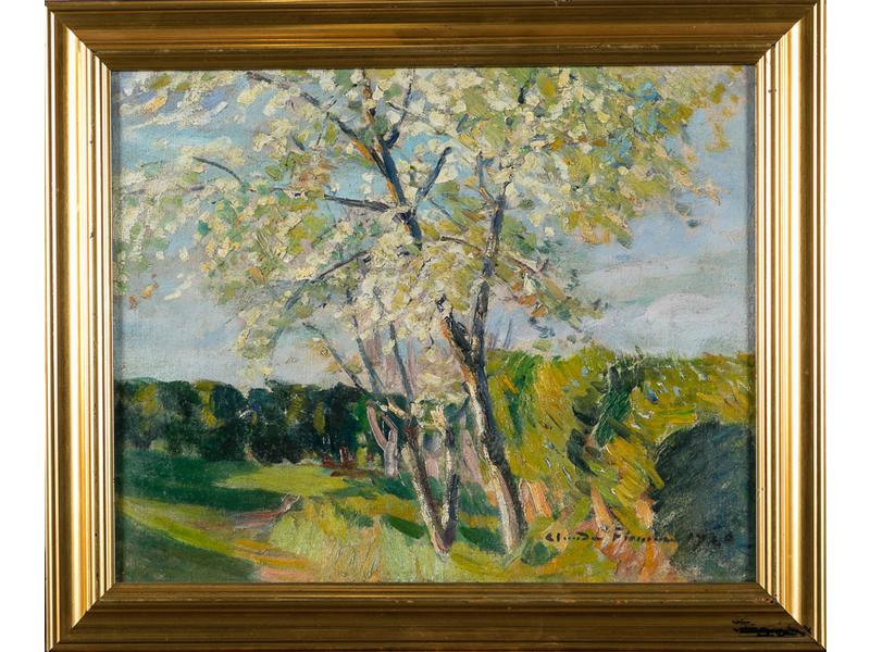 Claude FIRMIN (1864-1944) : L'amandier en fleurs.  Huile sur toile signée en bas à droite et datée 1920.  Dim.: 33x41 cm.