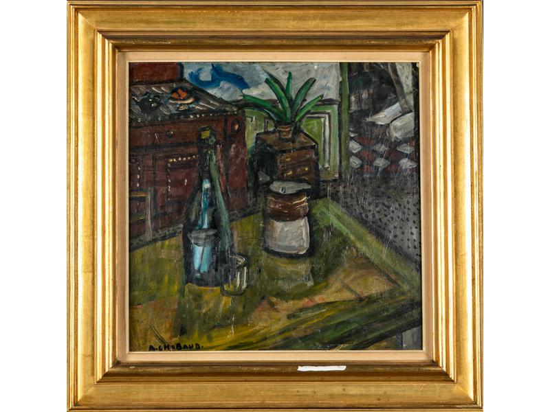Auguste CHABAUD (1882-1955) : Nature morte à la bouteille.  Huile sur carton signée en bas à gauche.  Dim.: 52x53 cm. (petites pliures angle haut droit)