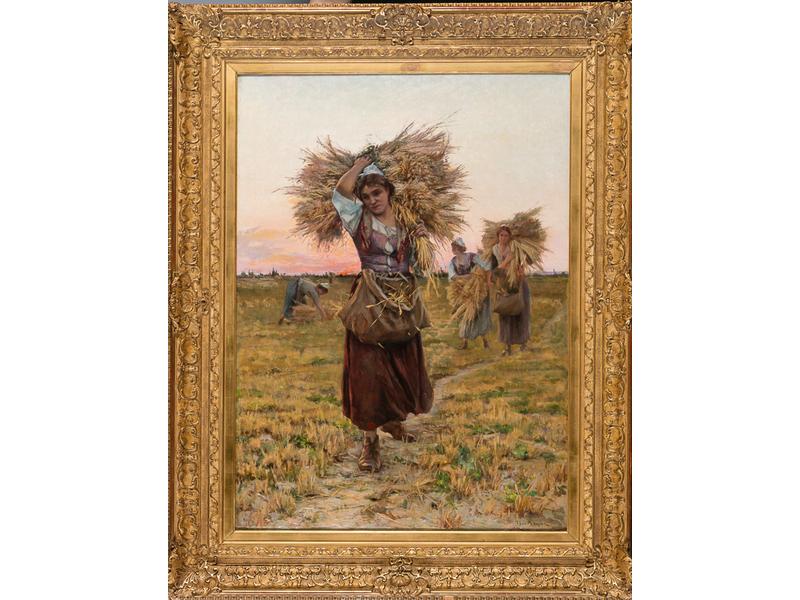 Théophile MAYAN (1860 - c.1937) : Les glaneuses.  Huile sur toile signée en bas à droite.  Dim.: 100x73 cm.