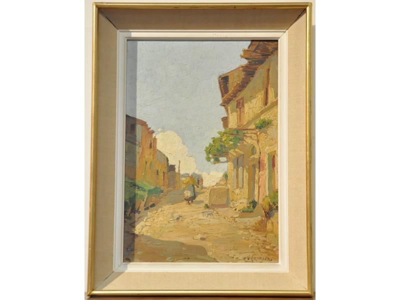 Victor CRUMIERE (1895-1950) : Rue de la Monnaie à Villeneuve-les-Avignon.  Huile sur carton signée en bas à droite.  Dim.: 38x26 cm.