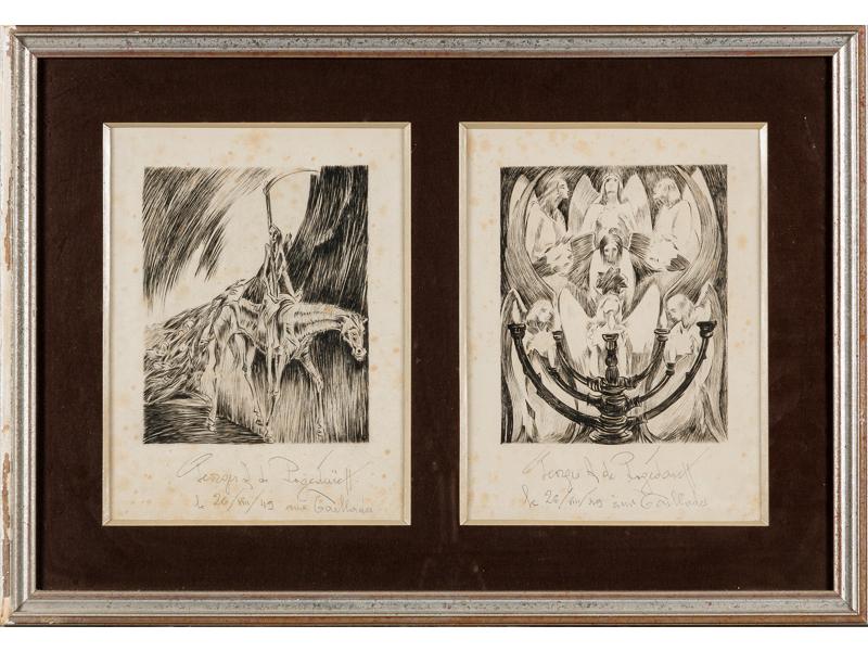 Georges de POGEDAIEFF (1897-1971) : Deux eaux fortes religieuses signées, datées 26 août 49 aux Taillades. Dans un même encadrement (nombreuses rousseurs). Dim: 22x18 cm