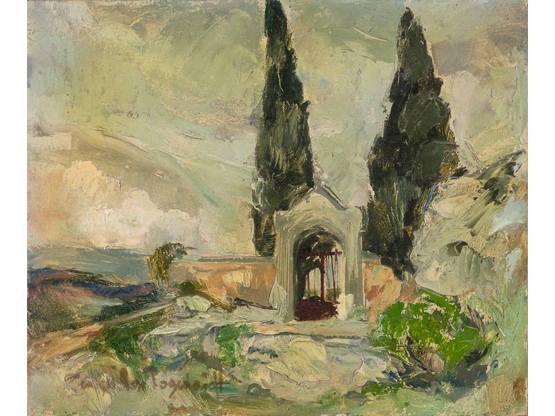 Georges de POGEDAIEFF  (1897-1971) : L'entrée d'un cimetière. Huile sur carton signée en bas à gauche. Dédicacée, contresignée et datée 21 avril 51 au dos. Sans cadre. Dim: 38x46 cm.