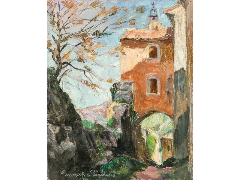Georges de POGEDAIEFF  (1897-1971) : Rue à Ménerbes. Huile sur carton signée en bas à gauche. Dédicacée et contresignée au dos. Sans cadre. Dim: 46x38 cm