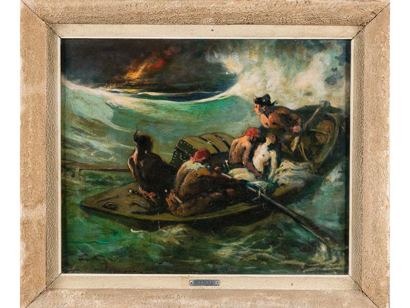 Louis FORTUNEY (1875-1951): Les pirates. Huile sur carton signée en bas à gauche. Dim.: 50x60cm