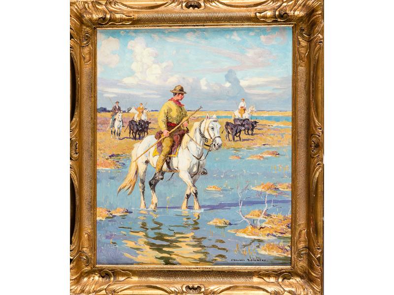 Edouard DOIGNEAU (1865-1954) : Les Gardians en Camargue. Huile sur toile signée en bas à droute. Dim: 61x50 cm.