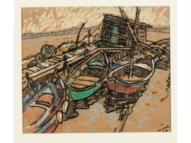 Jean ARENE (1929) : Les barques. Dessin aux pastels signé en bas à droite, daté 98. Dim.: 23x27cm