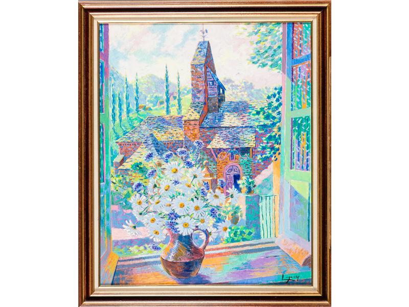 René Gaston LAGORRE (1913-2004) : Fenêtre sur la vieille Eglise romaine. Huile sur toile signée en bas à droite. Titrée au dos, datée 1975 et situé à Bordes sur Lez en Ariège. Dim: 81x65 cm.