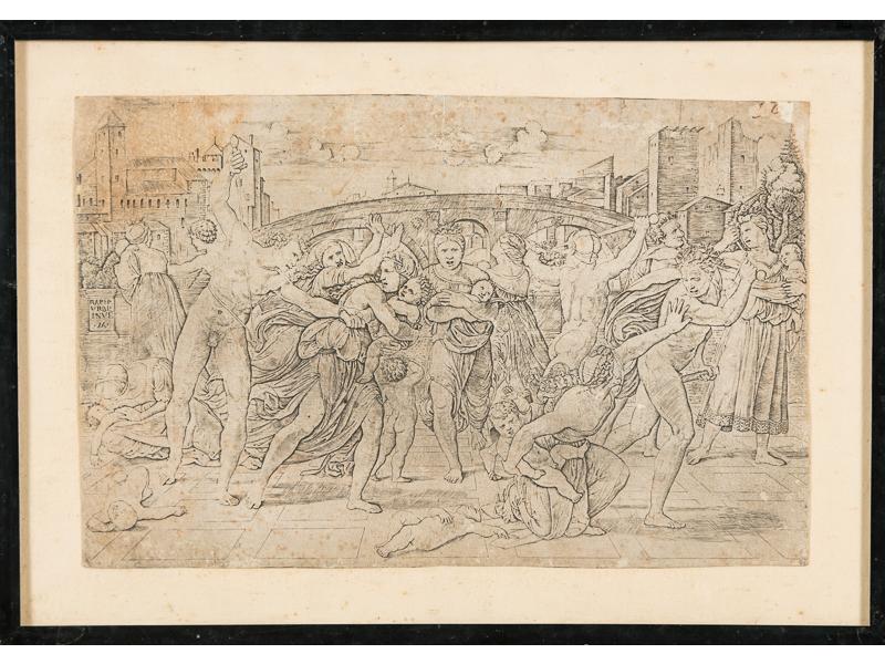 Marc Antonio RAIMONDI (d'après Raphaël) : Massacre des Innocents. Gravure sur cuivre (papier encollé avec rousseurs, petites déchirures en haut de la feuille et les deux angles supérieurs déchirés avec manque). Dim.: 27,5x42,5 cm.