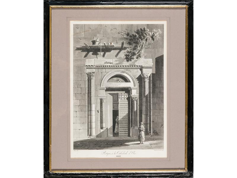 D'après BENCE, deux gravures en pendant de REVILLE et GOSSARD: Portique de la Cathédrale d'Aix  et la Tour de Roland à Arles (rousseurs et traces d'humidité). Dim.: 42x30.5cm