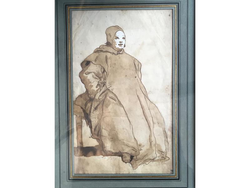 Giovanni Domenico TIEPOLO (1727-1804) : Moine assis. Plume et encre brune, lavis brun sur esquisse à la pierre noire. Dim.: 27x16,5 cm. Signé en bas au centre 