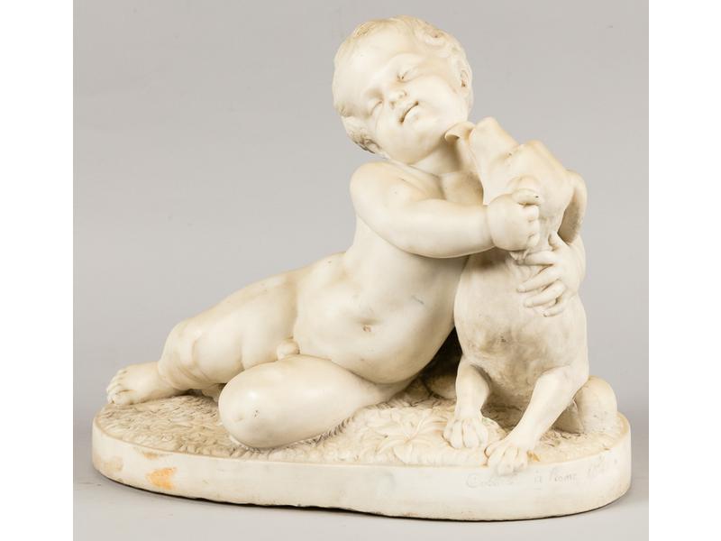 Jean Antoine CUBISOLE (1811-1877) :  Allégorie de la fidélité ou L'enfant et le chien.  Groupe en marbre blanc, signé et situé à Rome, 1848.  Dim.: 40x52x24 cm.